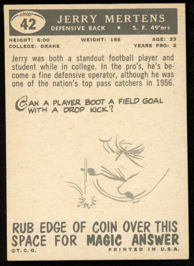 1959 TOPPS Football Card #42 Signed/Inscr Jerry Martens San Francisco 49'ers