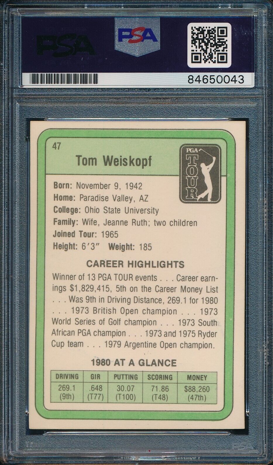 1981 DONRUSS PGA Tom Weiskopf #47 Authentic Card Signed PSA/DNA 176051