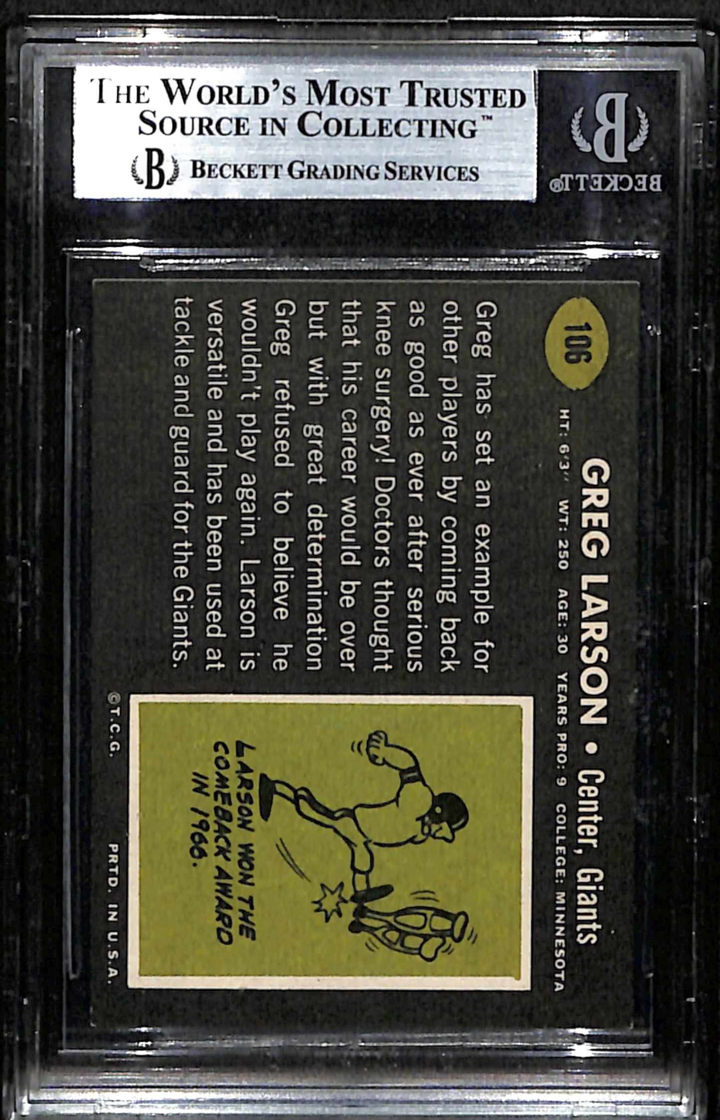 Greg Larson Signed 1969 Topps Card #106 New York Giants BAS/Beckett 185996