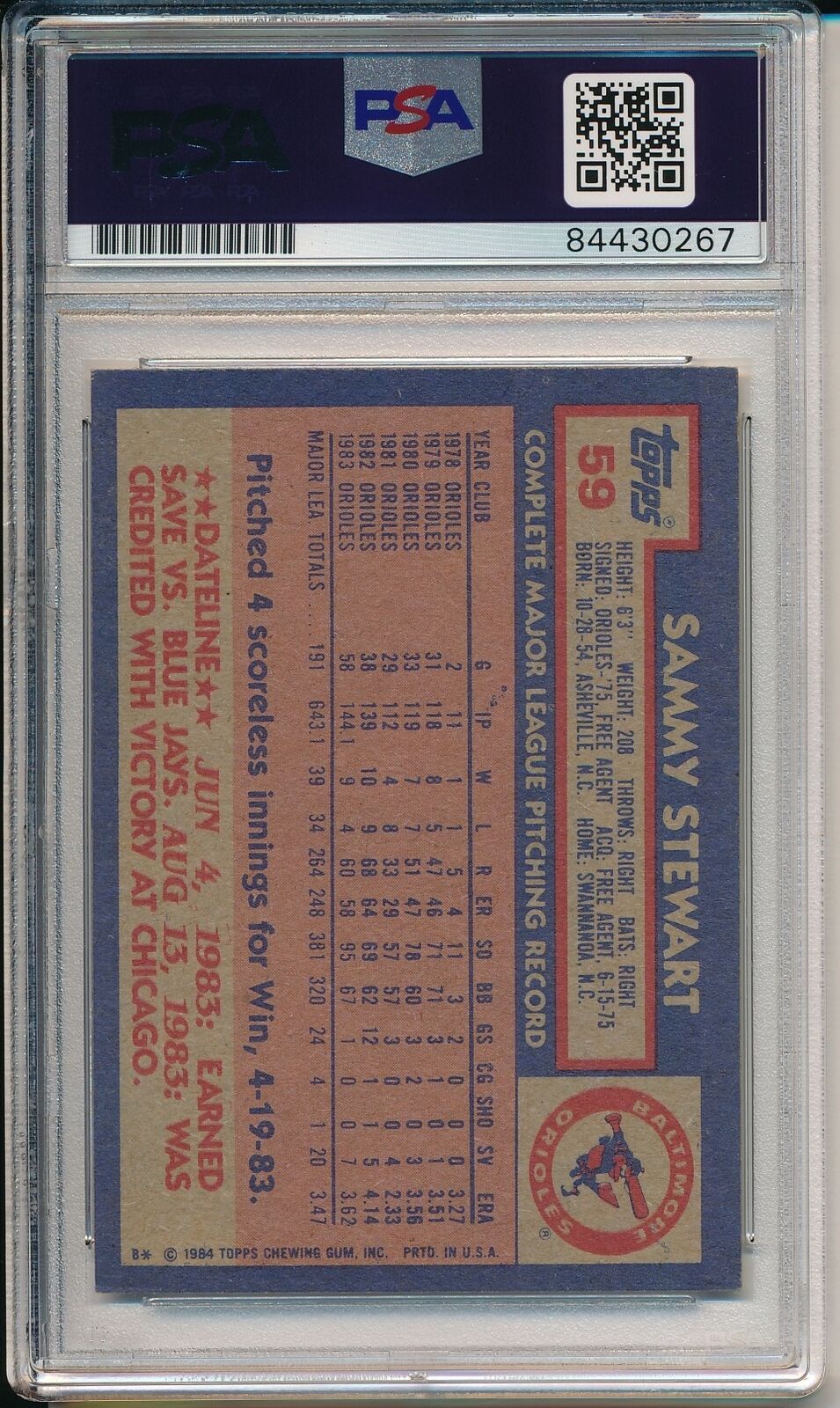 Sammy Oates Orioles Signed/Autographed 1984 TOPPS Card #59 PSA/DNA 164236