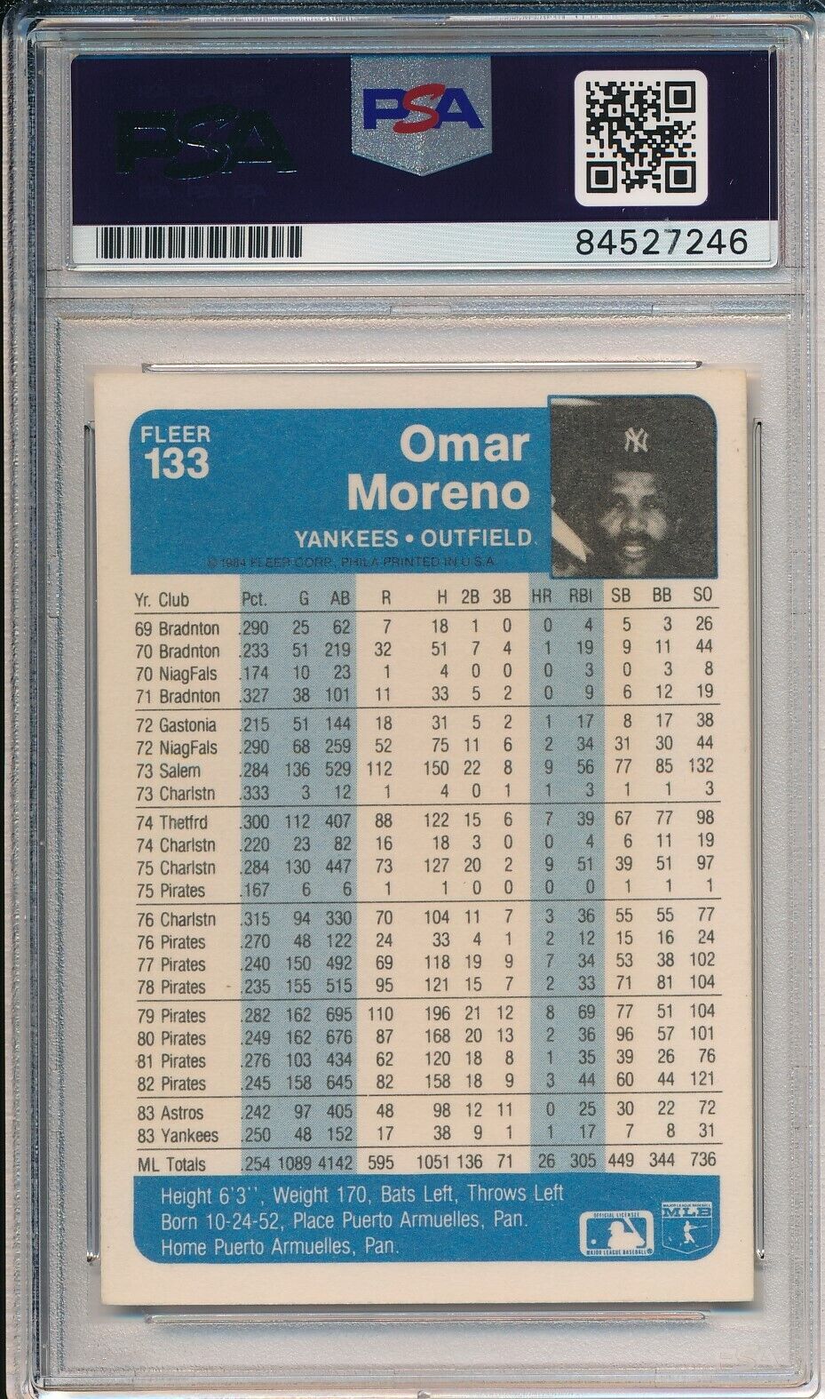 Omar Moreno Yankees Signed/Autographed 1984 Fleer Card #133 PSA/DNA 166450