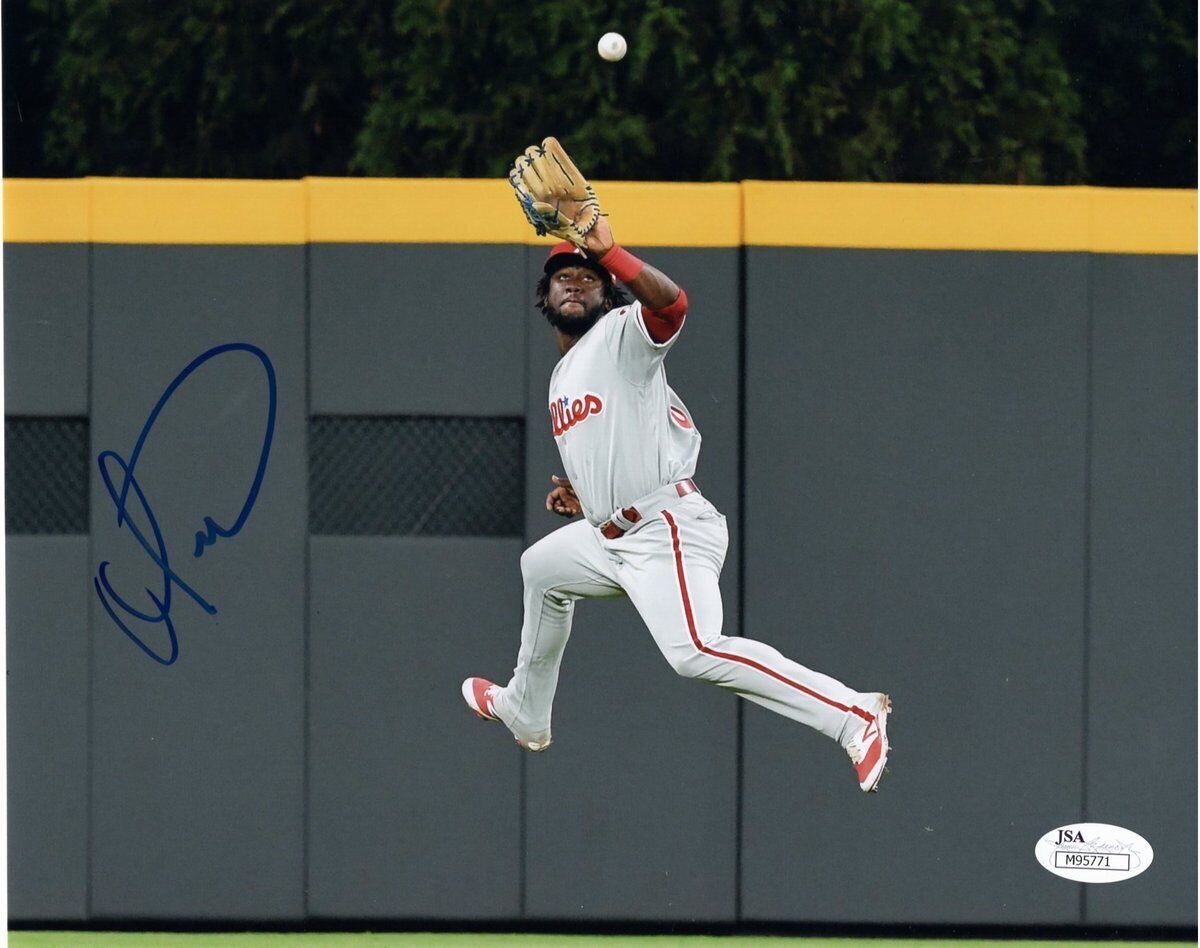 Odubel Herrera Phillies Jump Catch Signed in Blue 8x10 Photo JSA 136497