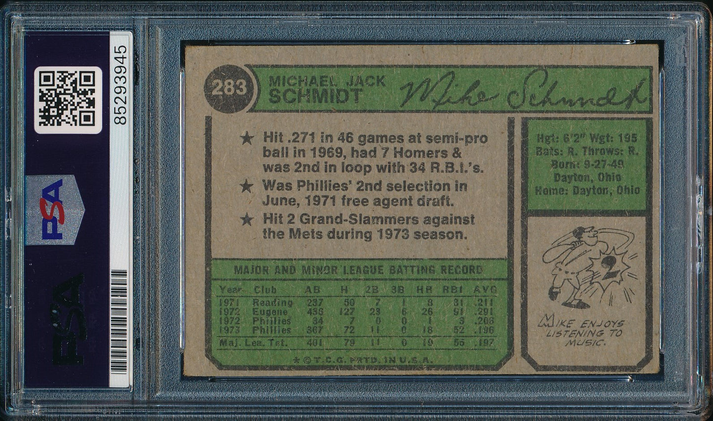 1974 Topps Mike Schmidt Phillies Card #283 Signed PSA/DNA GEM MINT 10 190440