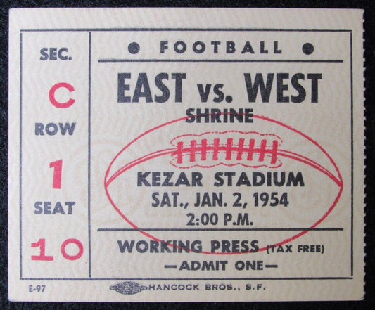 1951 East vs. West Shrine Game Ticket Stub Kezar Stadium San Francisco, CA