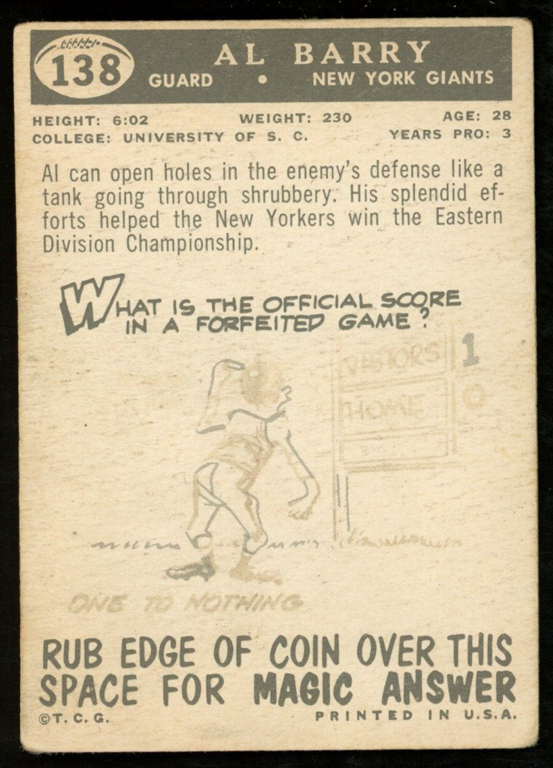 1959 TOPPS Football Card #138 Signed/Auto Al Barry New York Giants