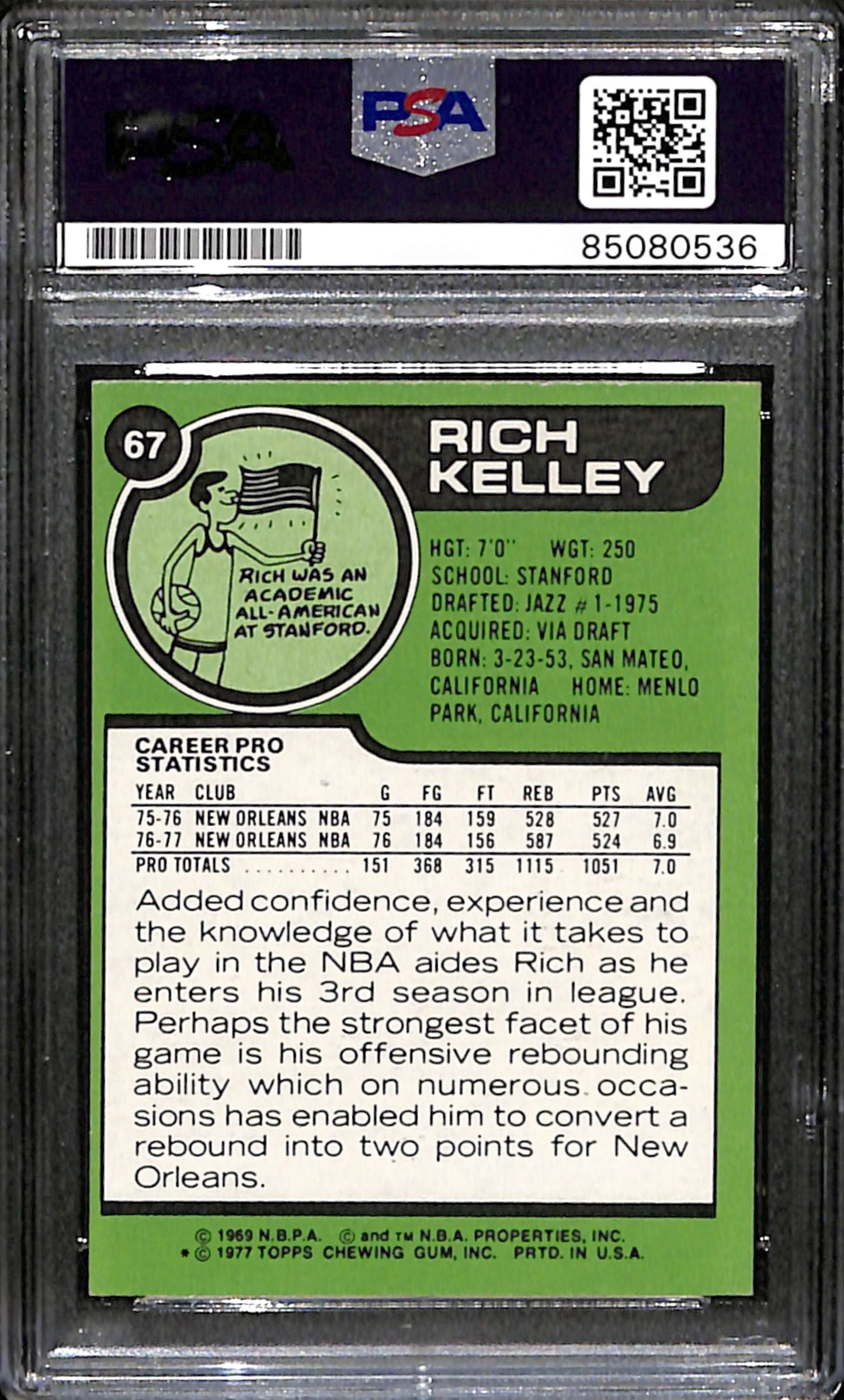 Rich Kelley Signed 1977 Topps Card #67 New Orleans Jazz PSA/DNA 185715