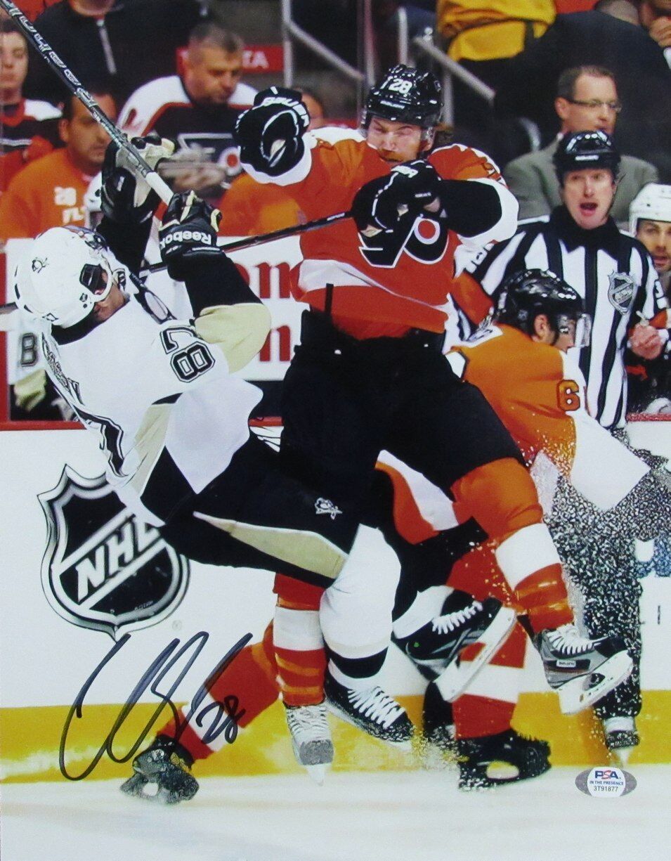 Claude Giroux Autographed 11x14 Photo Sidney Crosby Hit Flyers PSA/DNA
