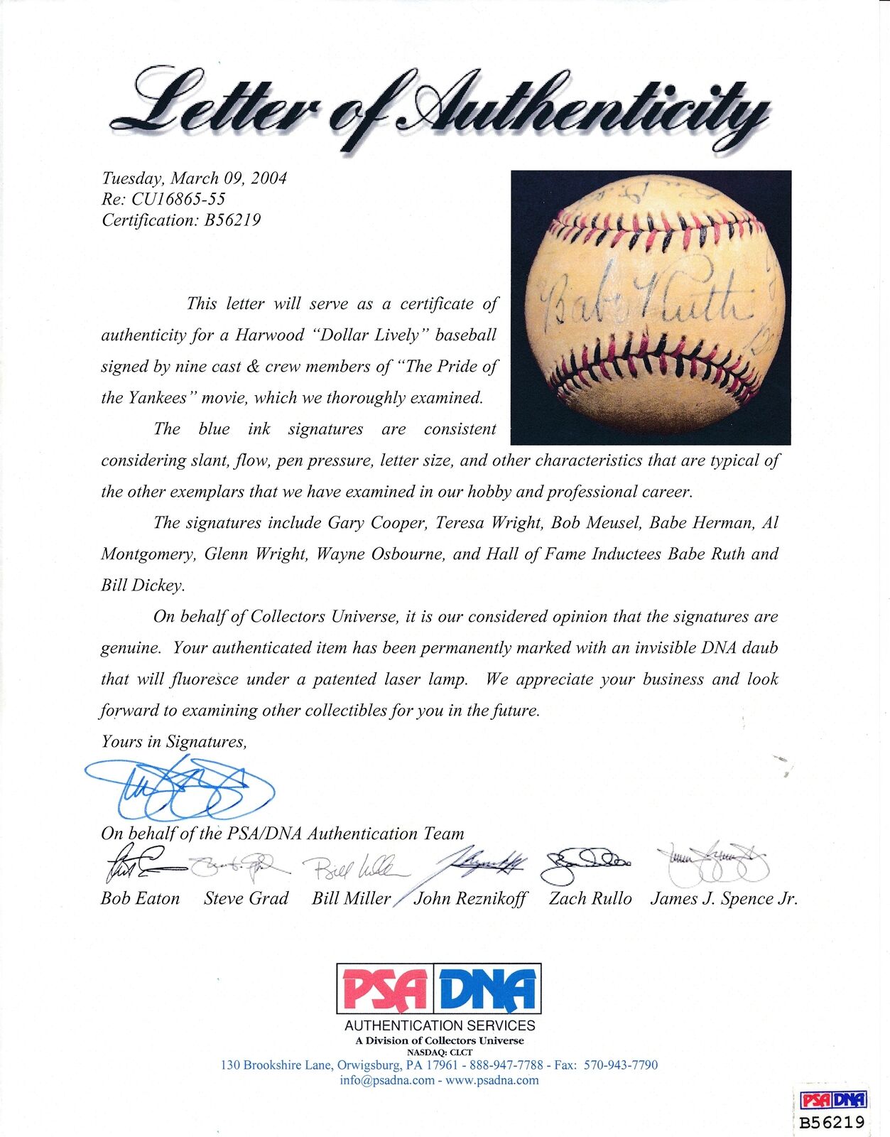 BABE RUTH/Gary Cooper "Pride of the Yankees" Signed Baseball 1942 PSA/DNA 175359