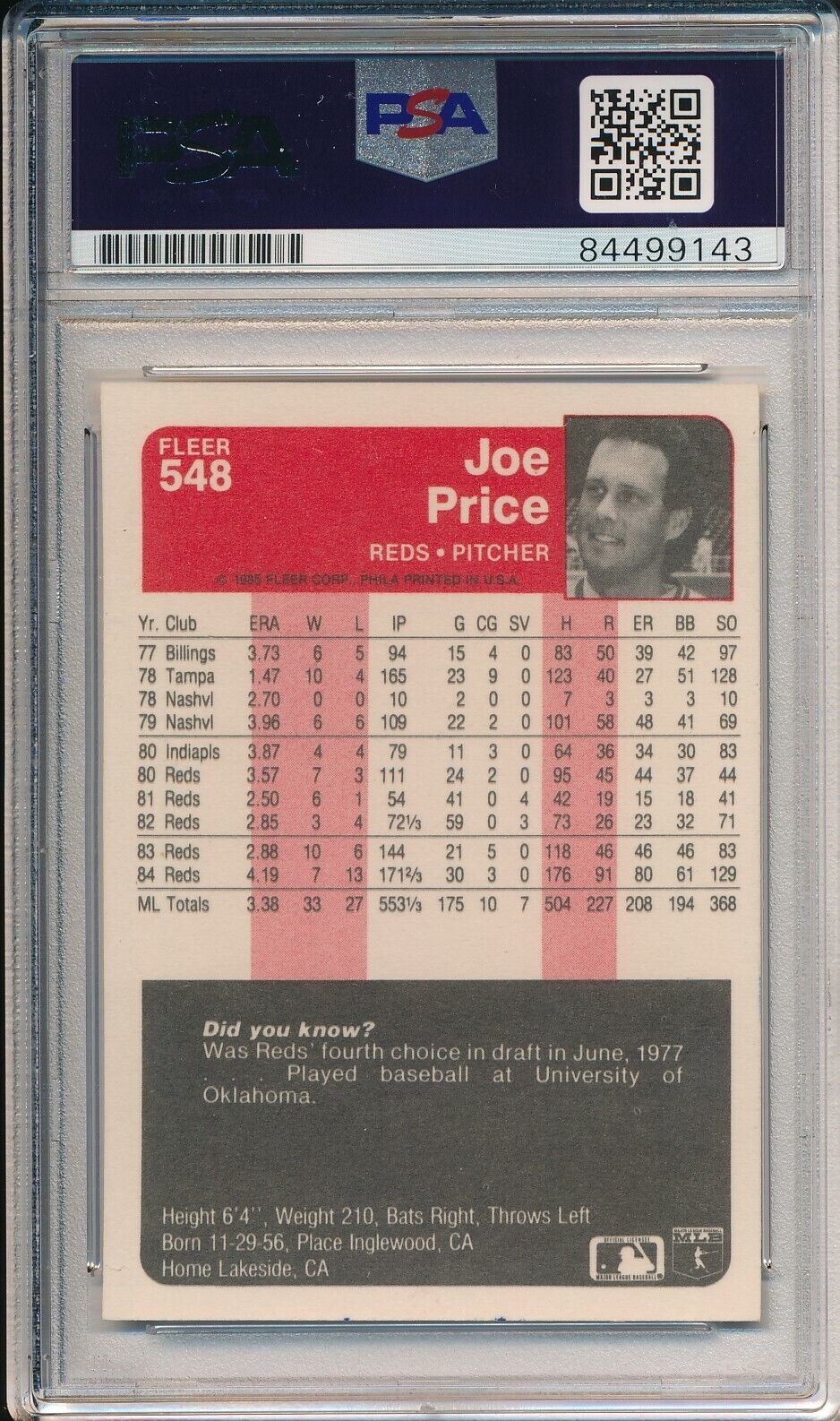 Joe Price Cincinnati Reds Signed/Autographed 1985 Fleer Card #548 PSA/DNA 166123