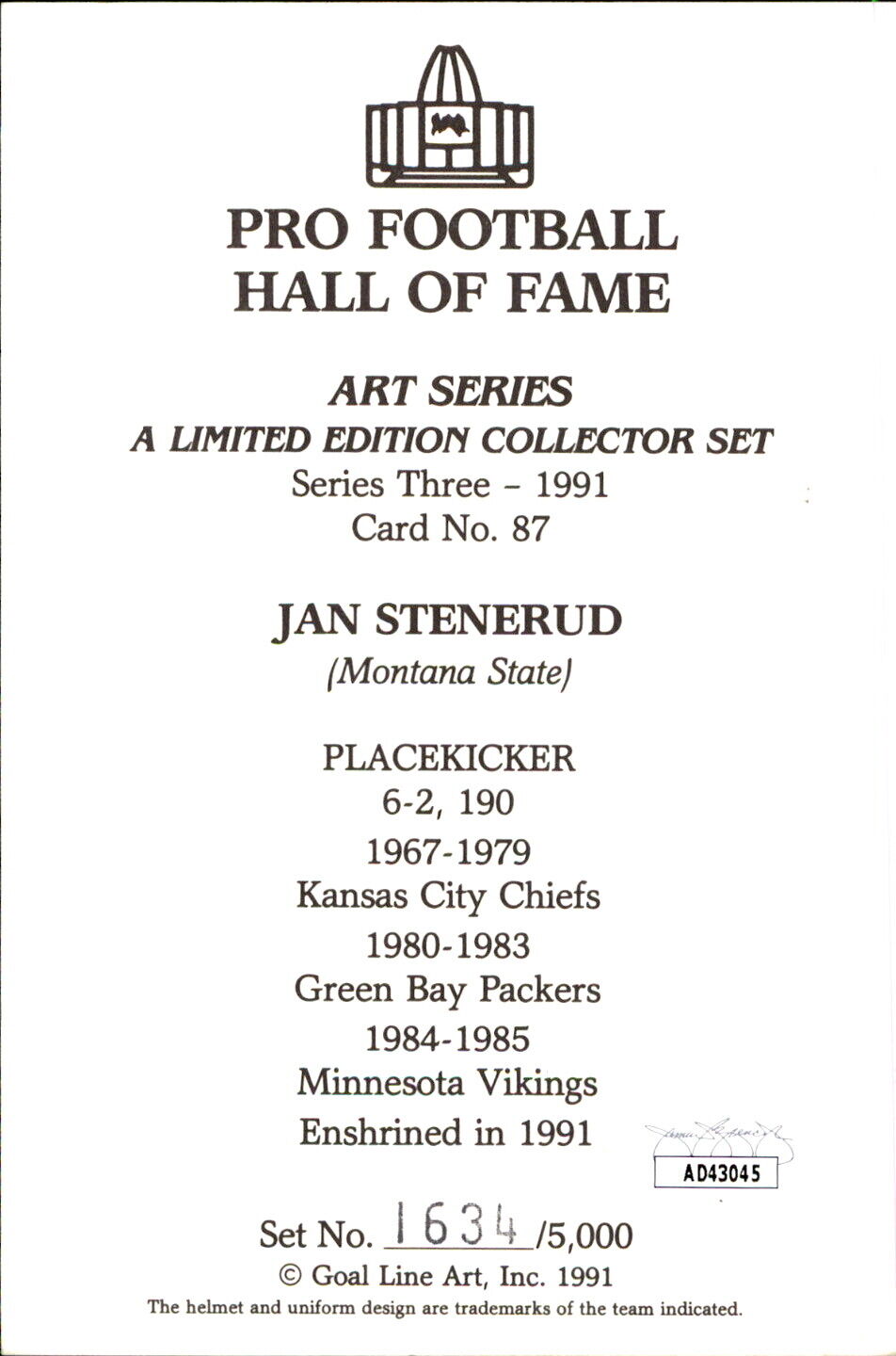 Jan Stenerud HOF Autographed Goal Line Art GLAC Postcard KC Chiefs JSA