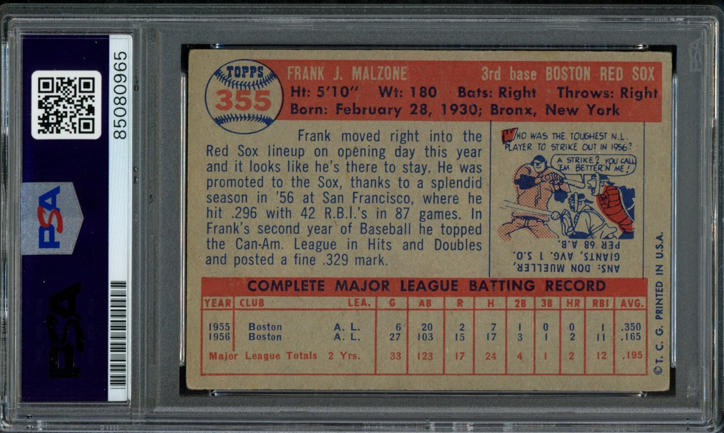Frank Malzone Signed 1957 Topps Card #355 Boston Red Sox PSA/DNA 184157