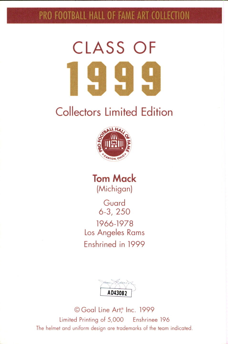 Tom Mack HOF Autographed Goal Line Art GLAC Postcard Los Angeles Rams JSA