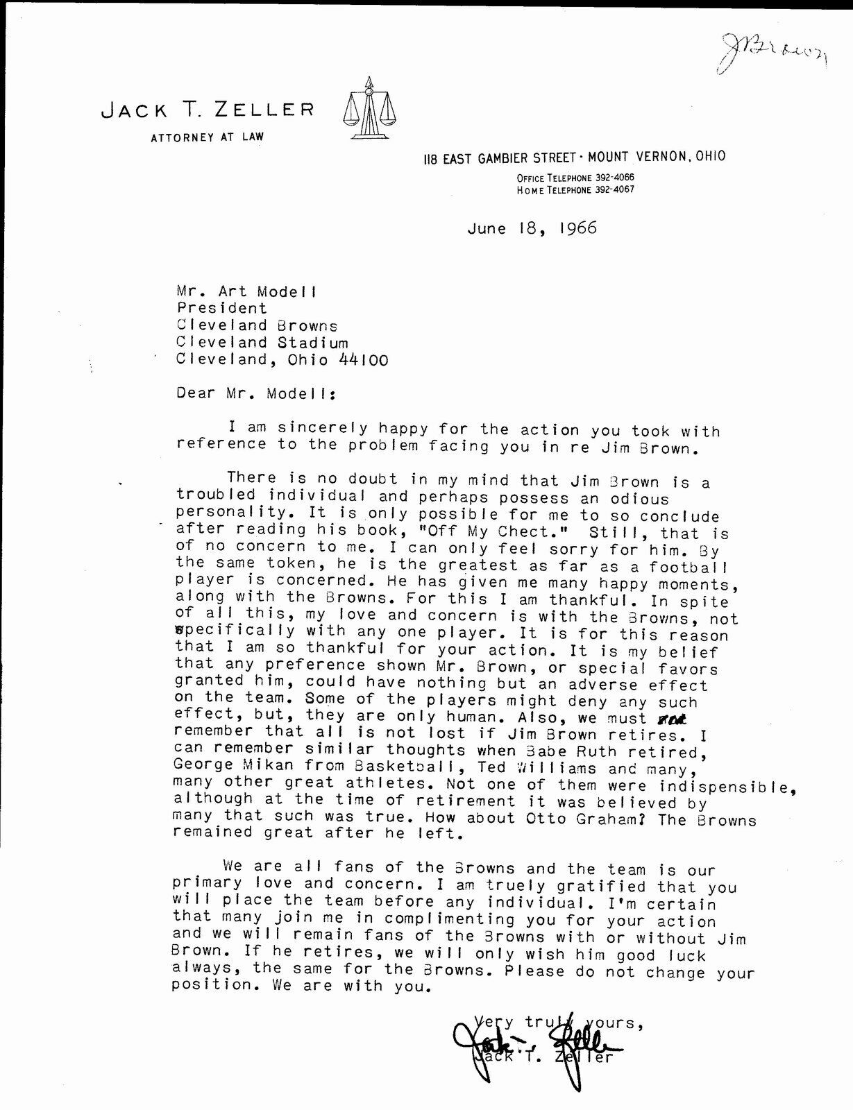 June 18, 1966 Letter to Art Modell from lawyer after Jim Brown retired 145007