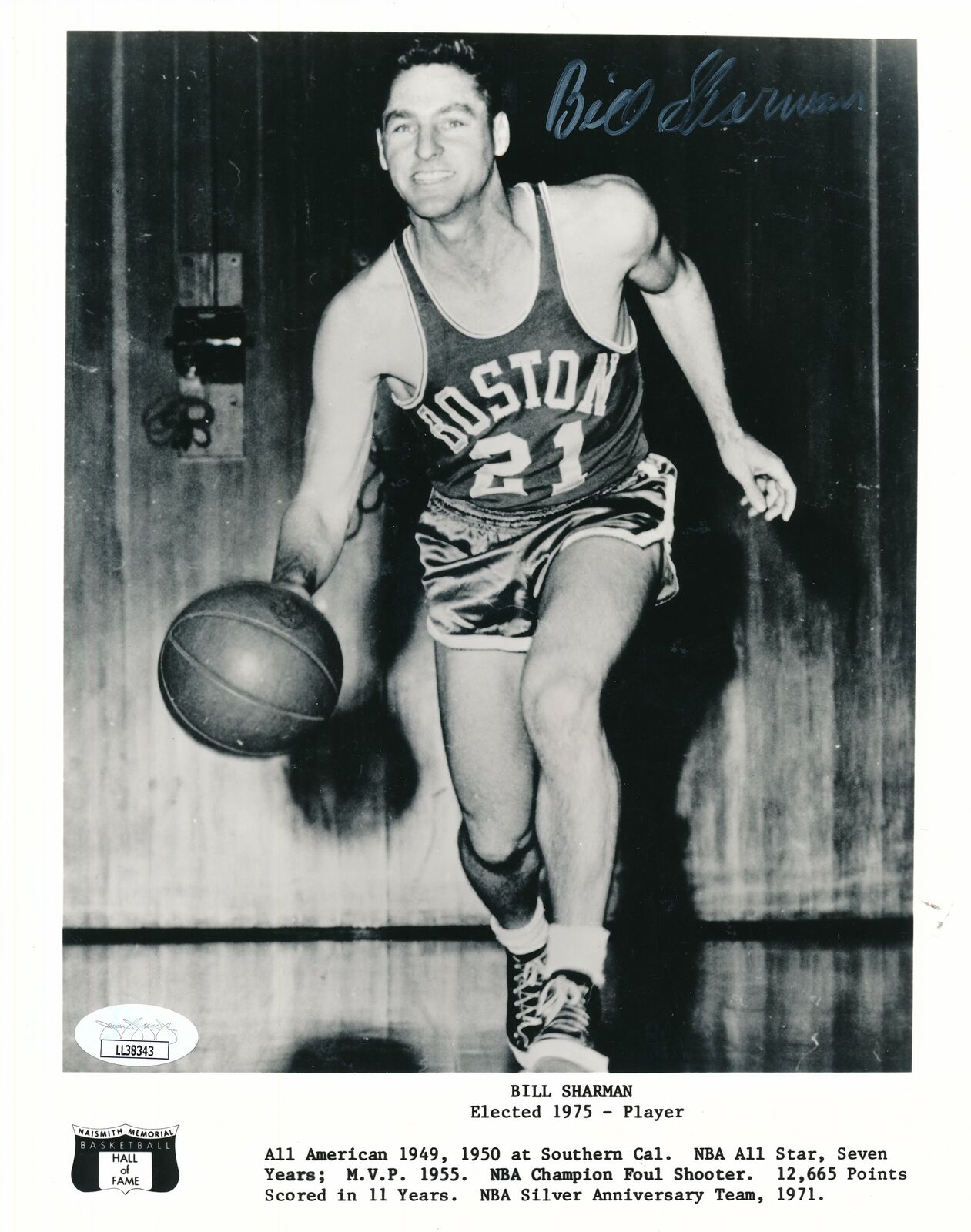 Bill Sharman HOF Boston Celtics Signed/Autographed 8x10 B/W Photo JSA 157340