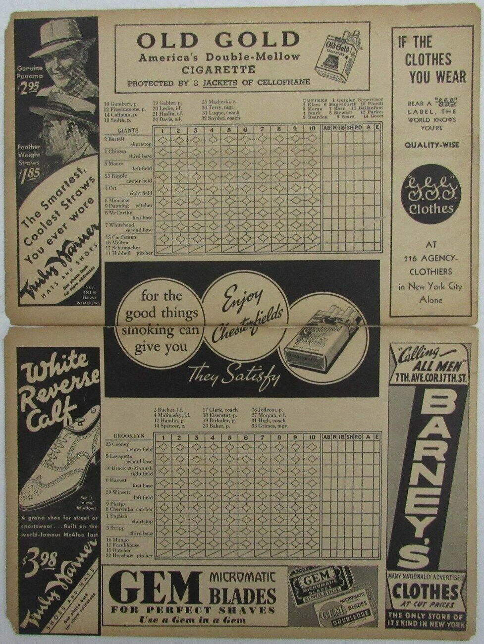 1937 New York Giants MEL OTT vs. Brooklyn Dodgers Score Card 148922