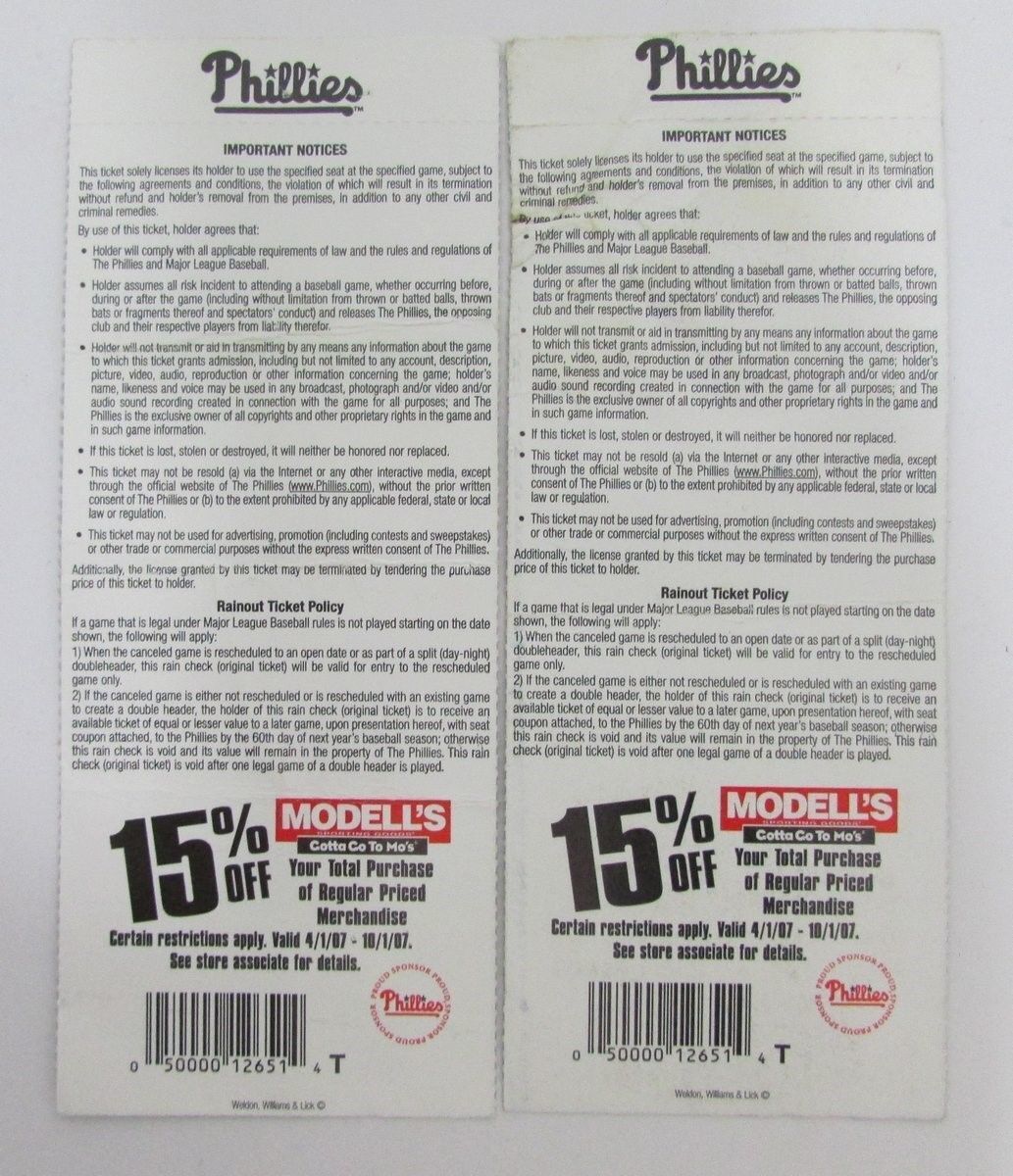 Pair of 2007 Philadelphia Phillies NL East Clinching Game Tickets 9-30 128026