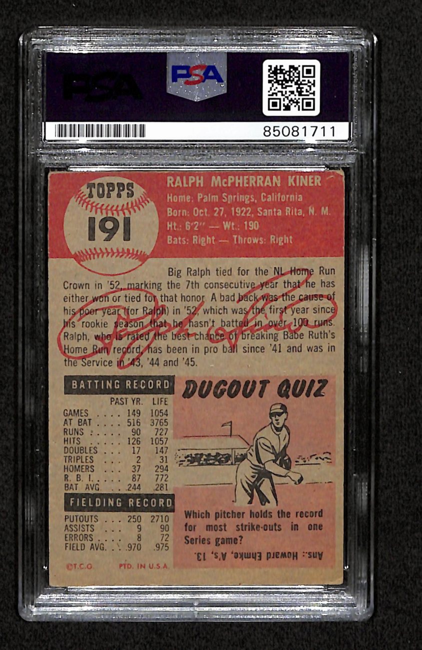 Ralph Kiner HOF Signed 1953 Topps Card #191 Pittsburgh Pirates PSA/DNA 184514