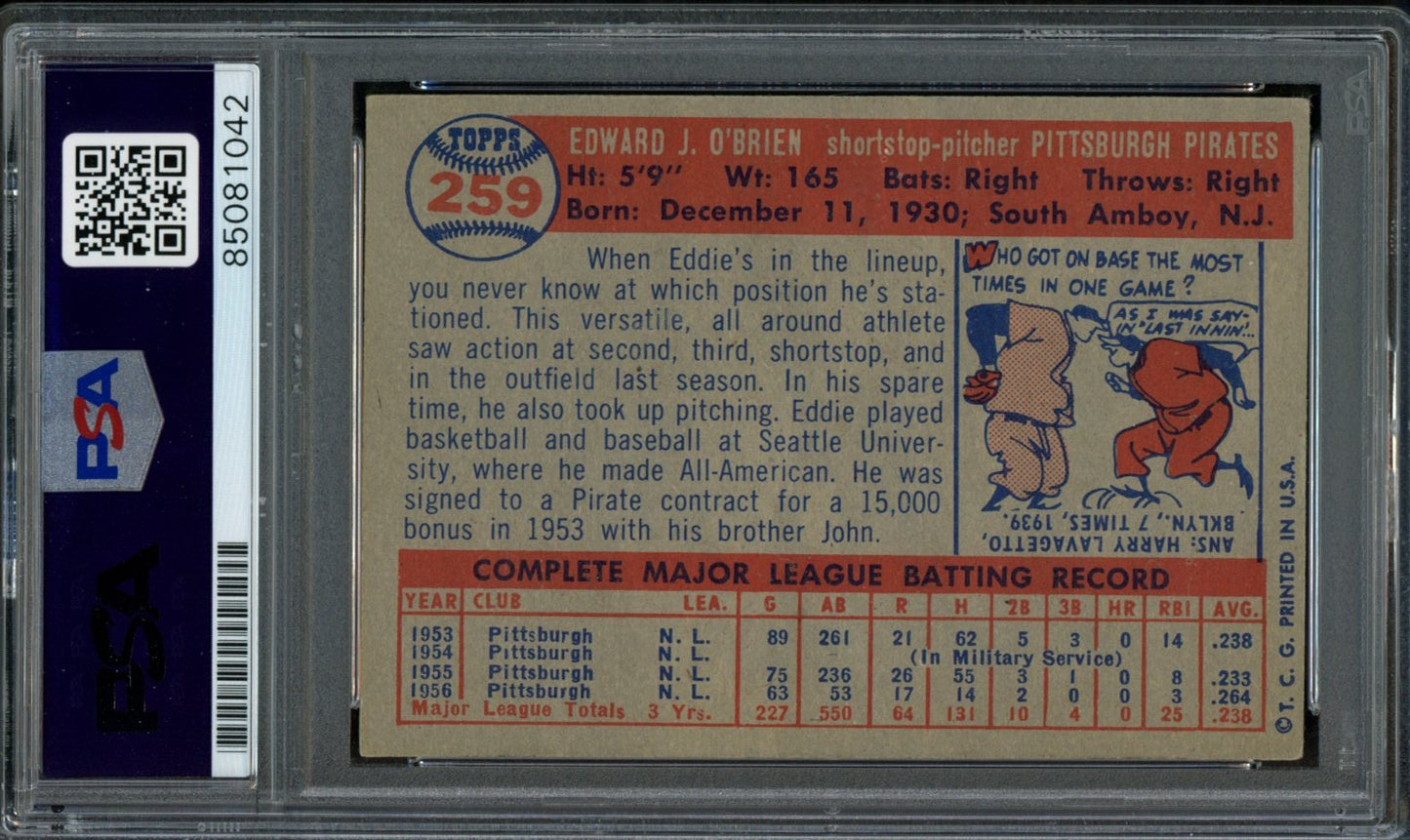 Eddie O'Brien Signed 1957 Topps Trading Card #259 Pirates PSA/DNA 183592