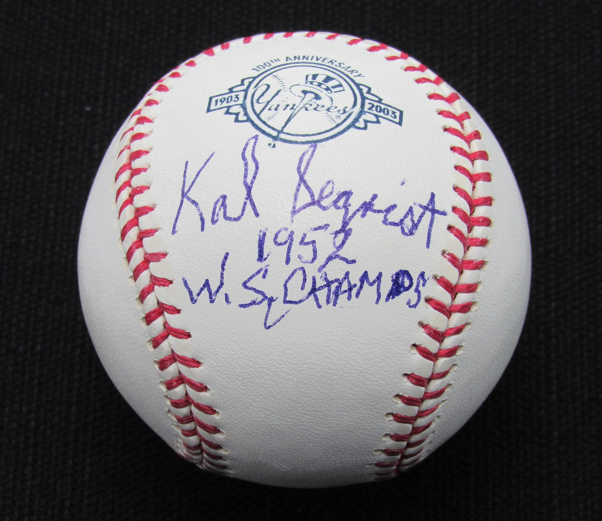 Kal Segrist Signed/Auto Yankees 100th OML Baseball JSA Inscr 186731