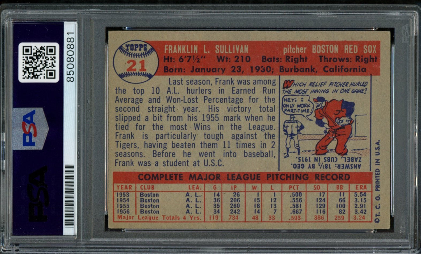 Frank Sullivan Signed 1957 Topps Trading Card #21 Boston Red Sox PSA/DNA 183594