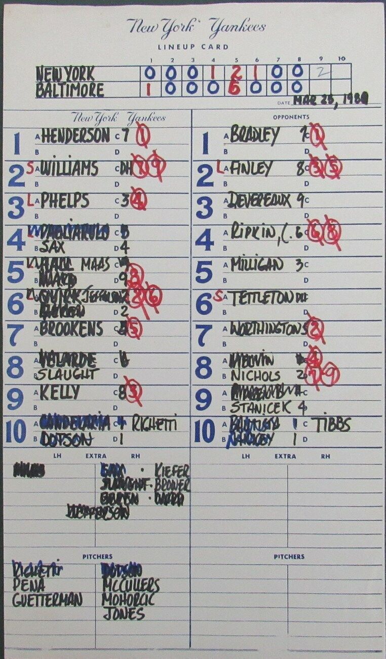 1989 New York Yankees Spring Training 9x15 Lineup Card vs.Orioles Ripken 151335