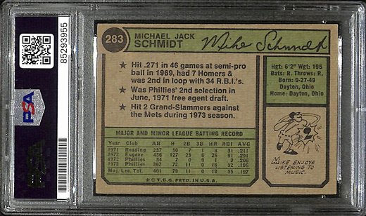 1974 Topps Mike Schmidt Phillies #283 Card Signed PSA/DNA GEM MINT 10 187937