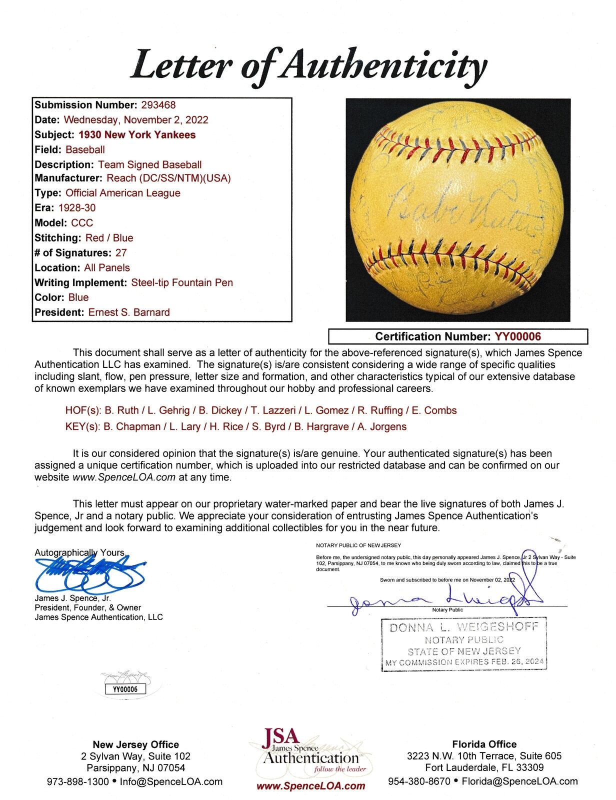 BABE RUTH / LOU GEHRIG Signed 1930 Yankees Team Baseball (27) JSA 175352