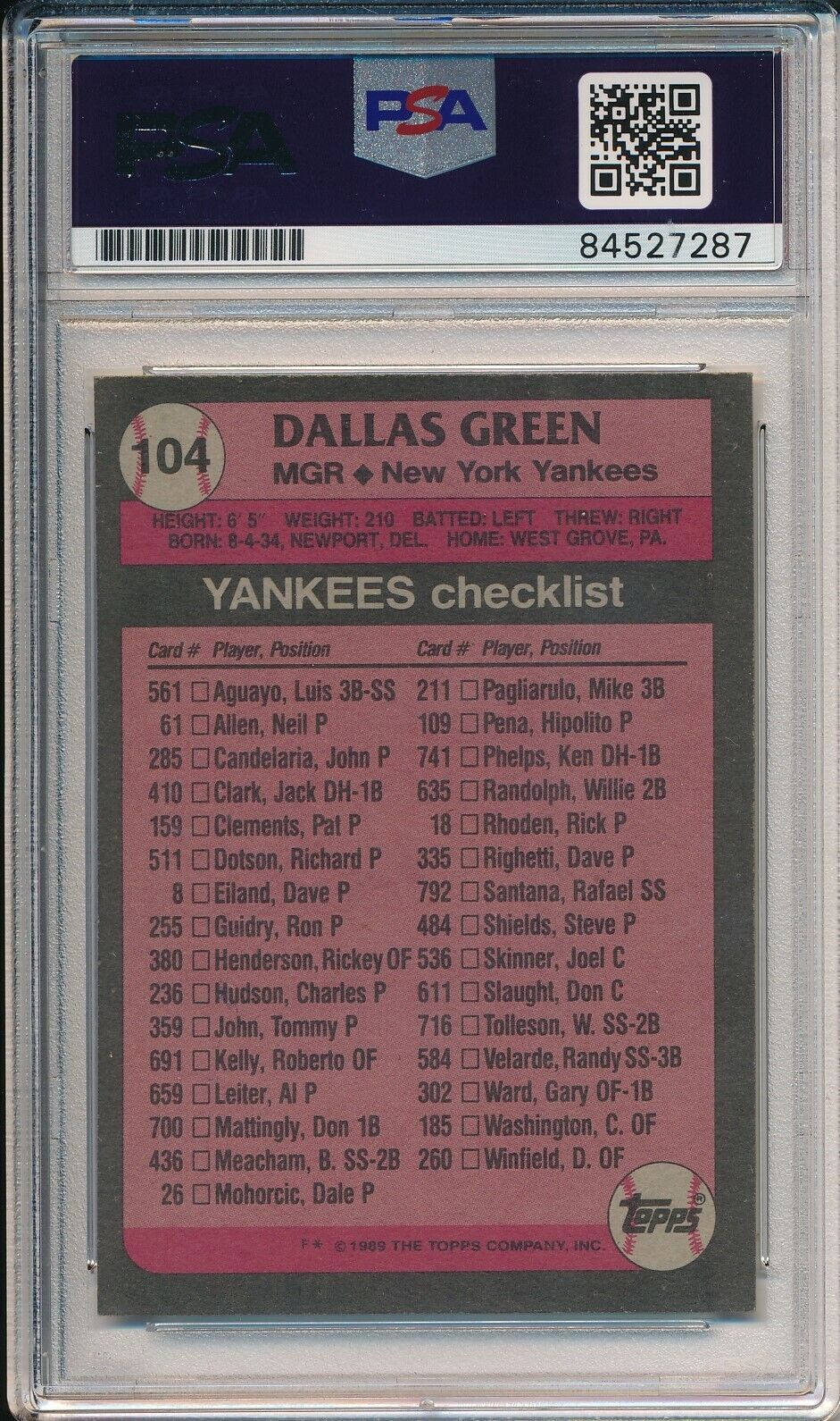 Dallas Green Yankees Signed/Autographed 1989 TOPPS Card #104 PSA/DNA 166439
