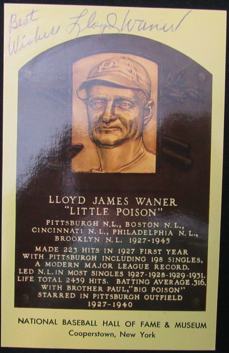 Lloyd Waner HOF Pittsburgh Pirates d.1982 Signed/Auto HOF Plaque Postcard 163074