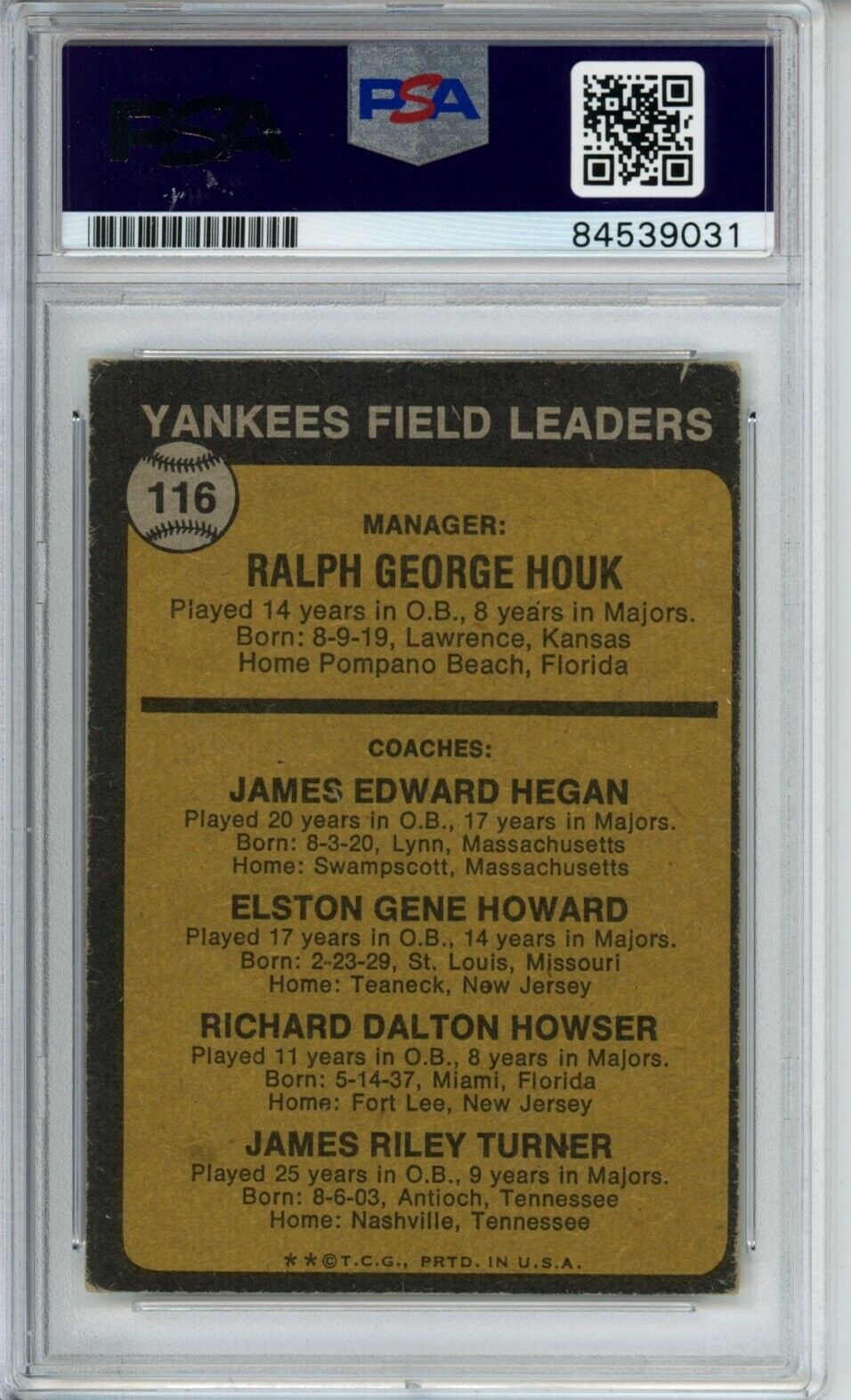 Ralph Houk Hegan Howser Yankees Signed/Autographed 1973 TOPPS PSA/DNA 166865