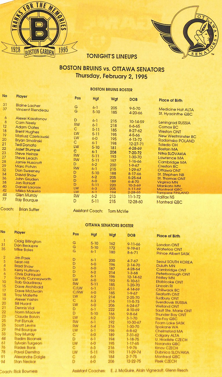 February 2 1995 Boston Bruins vs Ottawa Senators Offical Game Program 182009