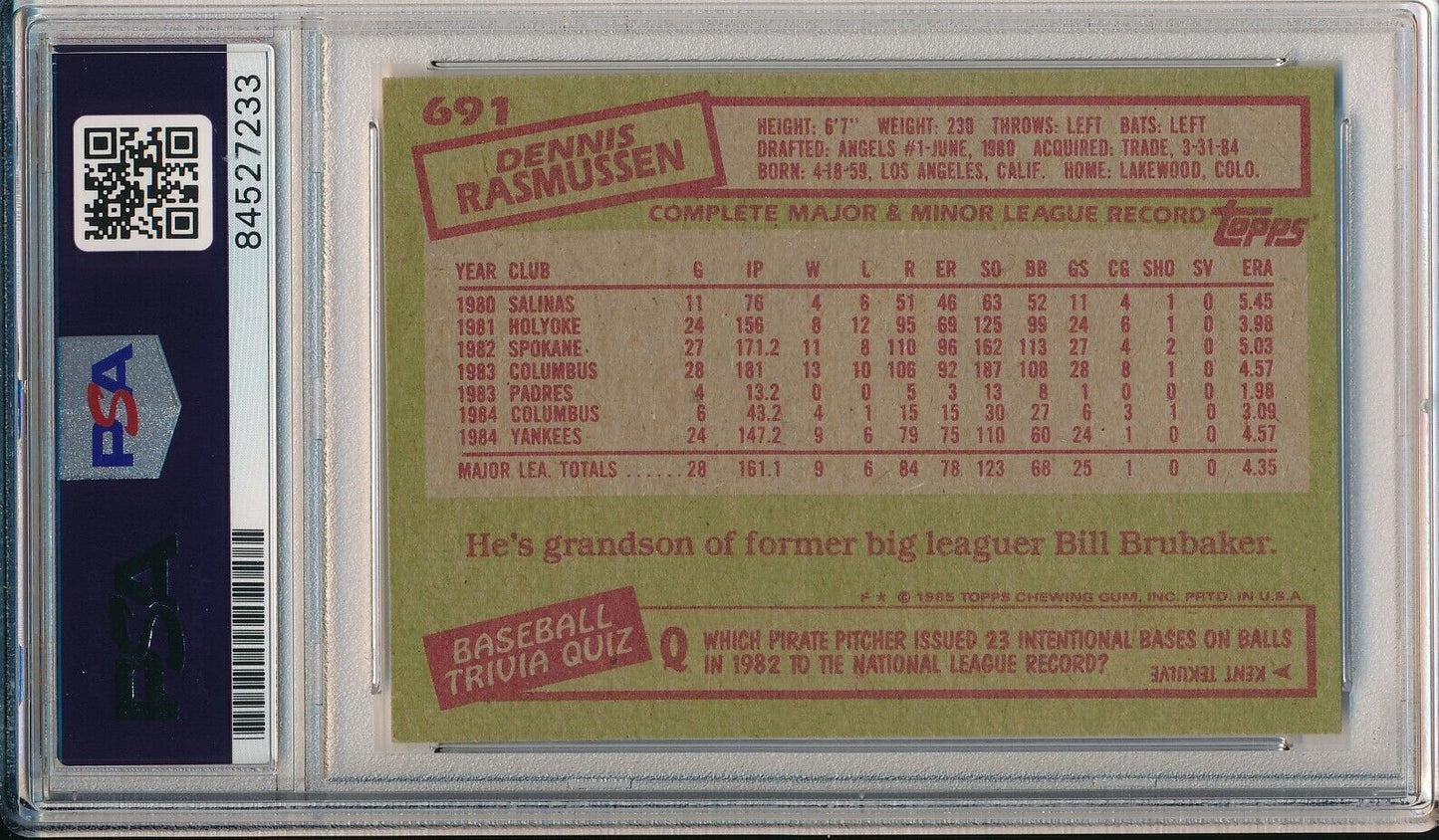 Dennis Rasmussen Yankees Signed/Autographed 1985 TOPPS Card #691 PSA/DNA 166428