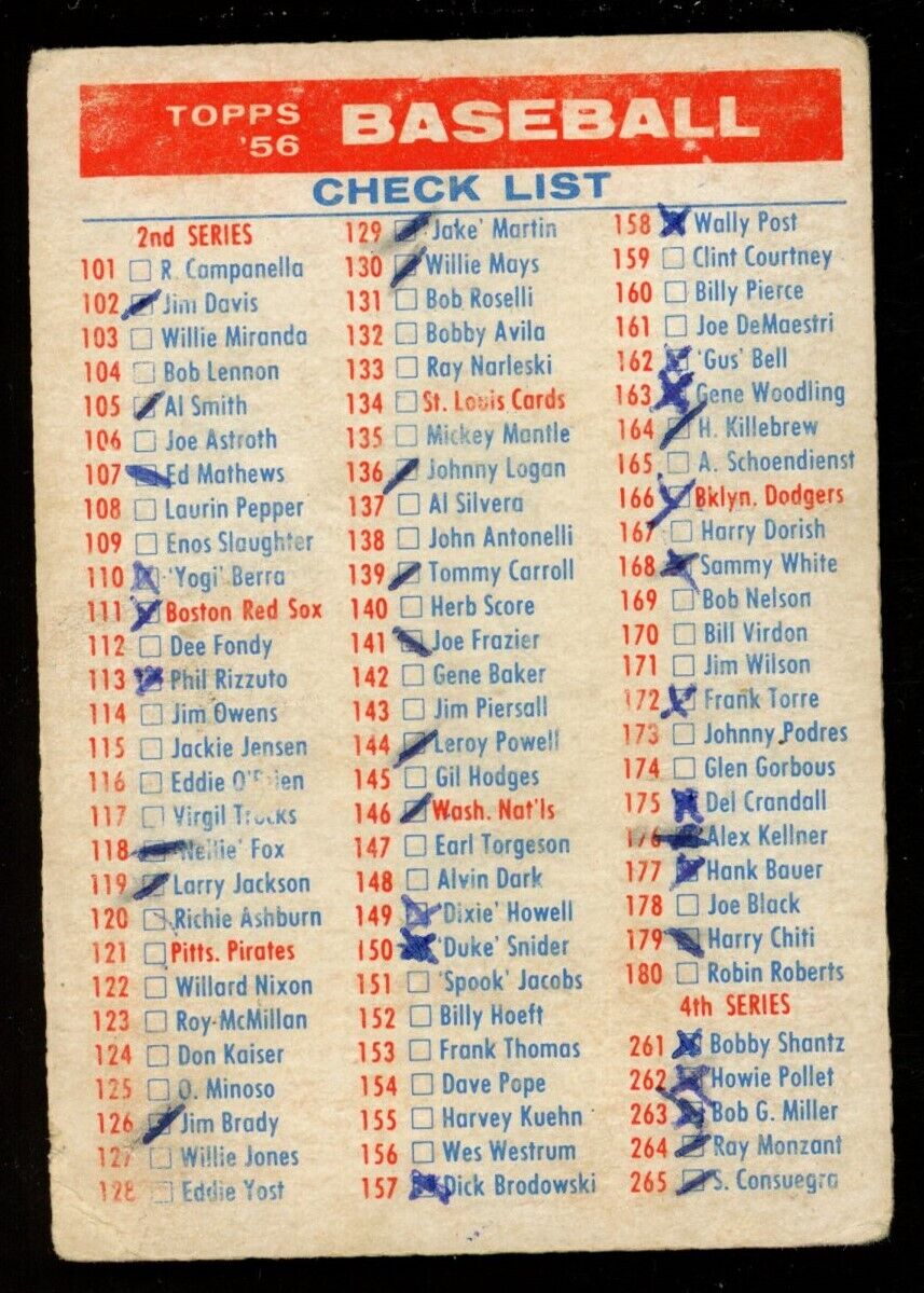 1956 Topps Checklist 1st / 3rd Series Baseball Card Low Grade