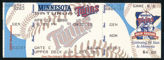 Cal Ripken 3000th Hit April 15, 2000 Full Ticket Twins vs. Orioles 188496