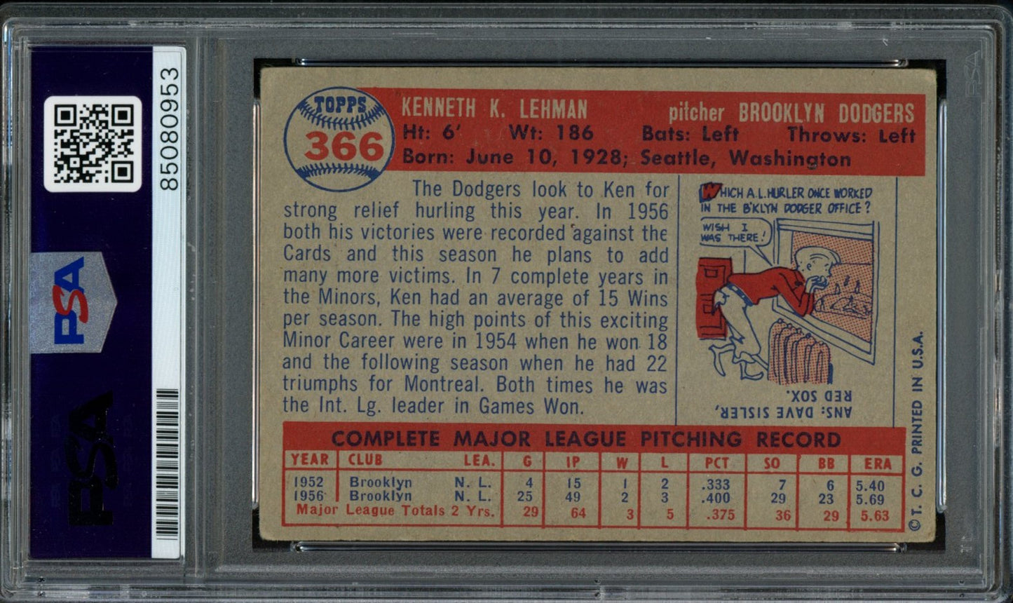 1957 TOPPS Ken Lehman #366 Auth Card Signed Brooklyn Dodgers PSA/DNA 184127