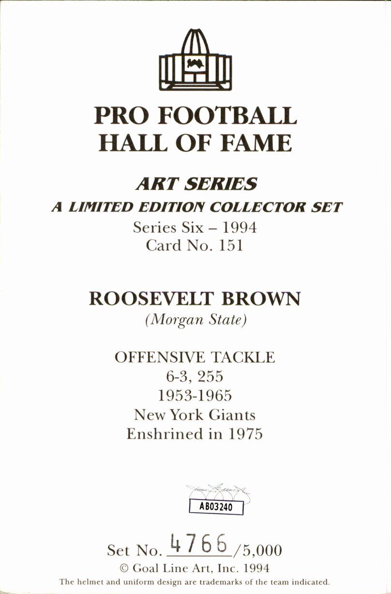 Roosevelt Brown HOF Giants Signed/Inscr Goal Line Art GLAC Postcard JSA 167128