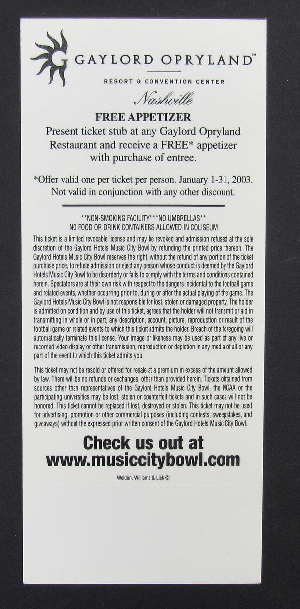 2002 Music City Bowl Full Ticket Arkansas Razorbacks vs. Minnesota Gophers