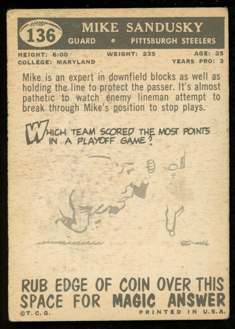 1959 TOPPS Football Card #136 Signed/Inscr Mike Sandusky Pittsburgh Steelers