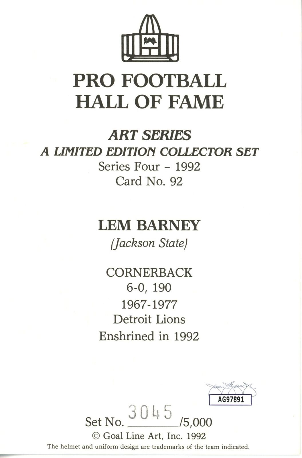 Lem Barney HOF Autographed/Inscr Goal Line Art GLAC Postcard Detroit Lions JSA