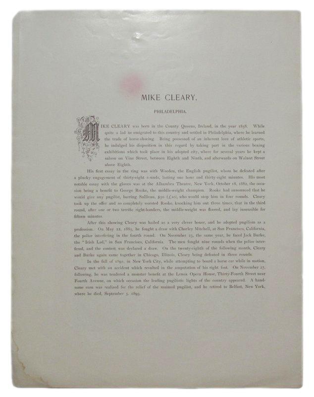 Mike Cleary Boxer 1895 Boxing Gladiators 11x15 Supplement Poster