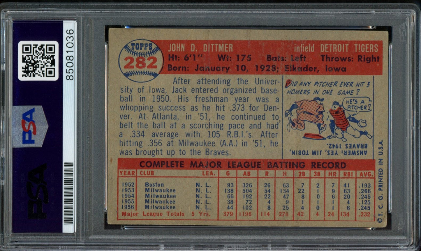 Jack Dittmer Signed 1957 Topps Trading Card #282 Detroit Tigers PSA/DNA 183581