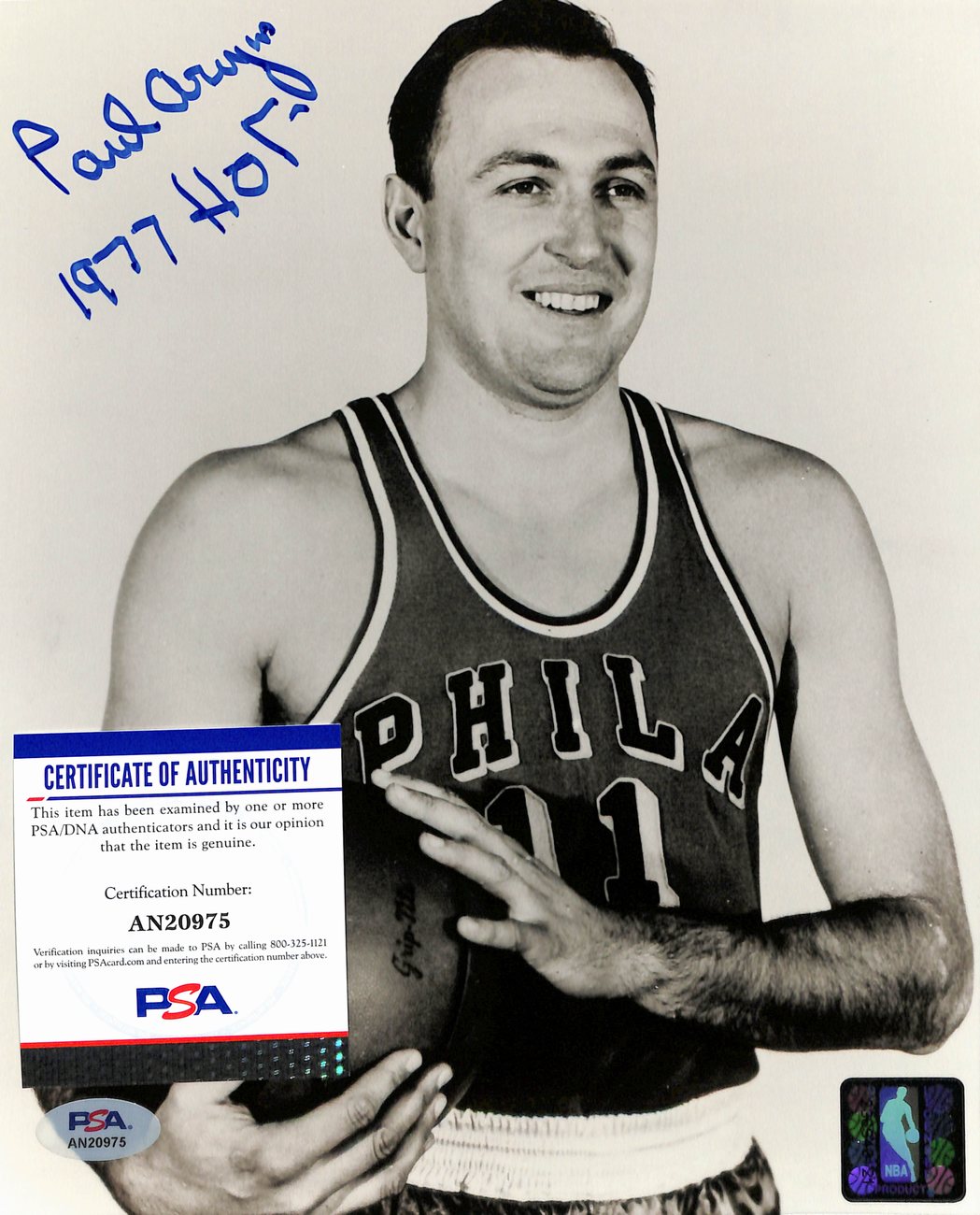 Paul Arizin HOF Signed/Auto 8x10 Photo Philadelphia 76ers PSA/DNA 189059