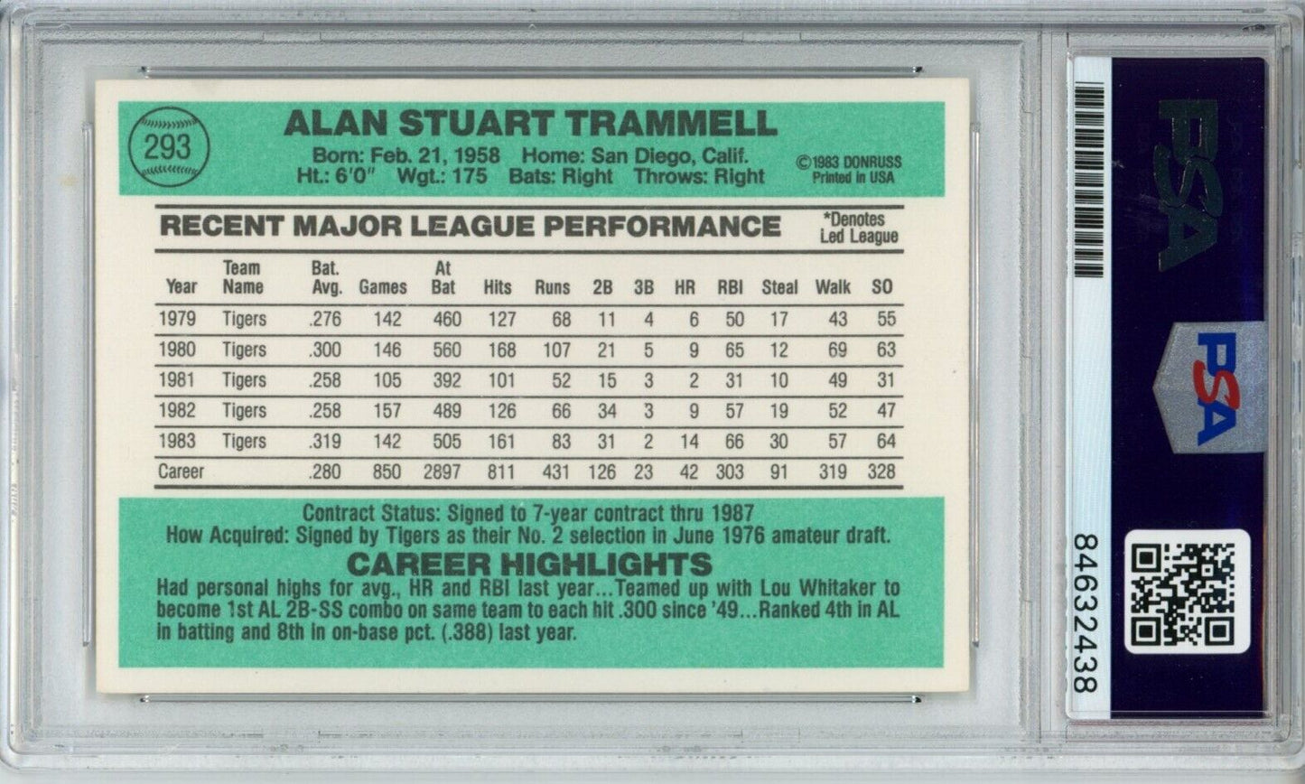 1984 Donruss Alan Trammell HOF #293 Card Signed Tigers PSA/DNA GEM MINT 10