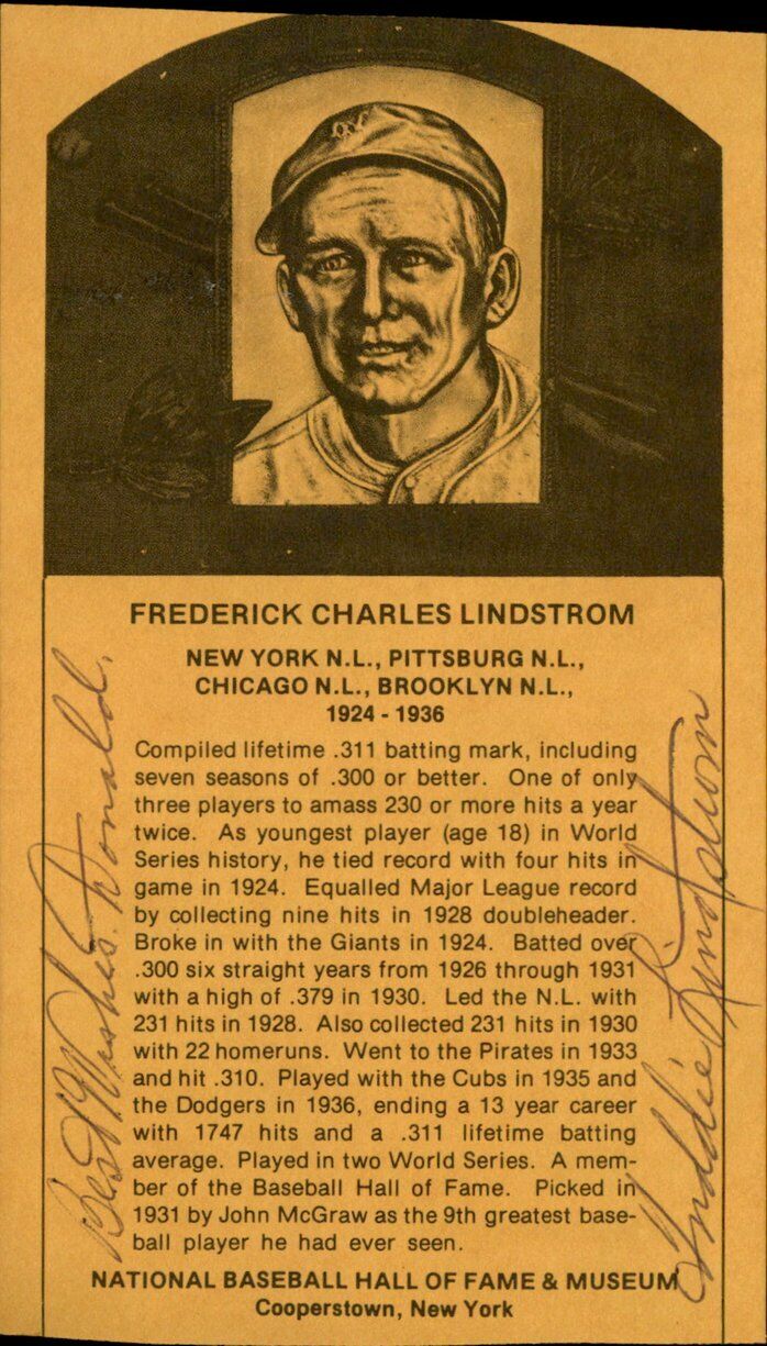 Freddie Lindstrom HOF Mets/Pirates Signed/Autographed HOF Plaque Postcard 162494