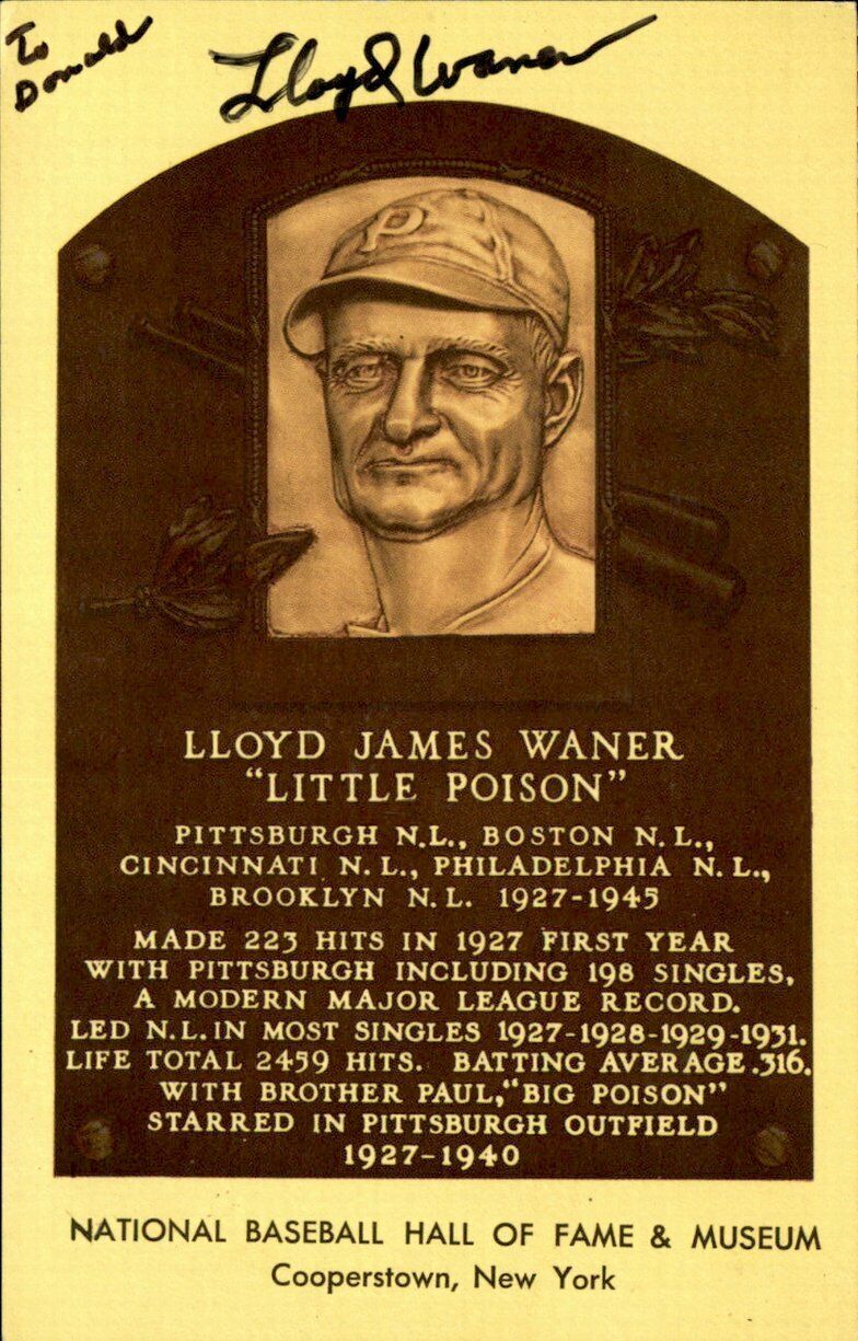 Lloyd Waner HOF Pittsburgh Pirates d.1982 Signed/Auto HOF Plaque Postcard 162496