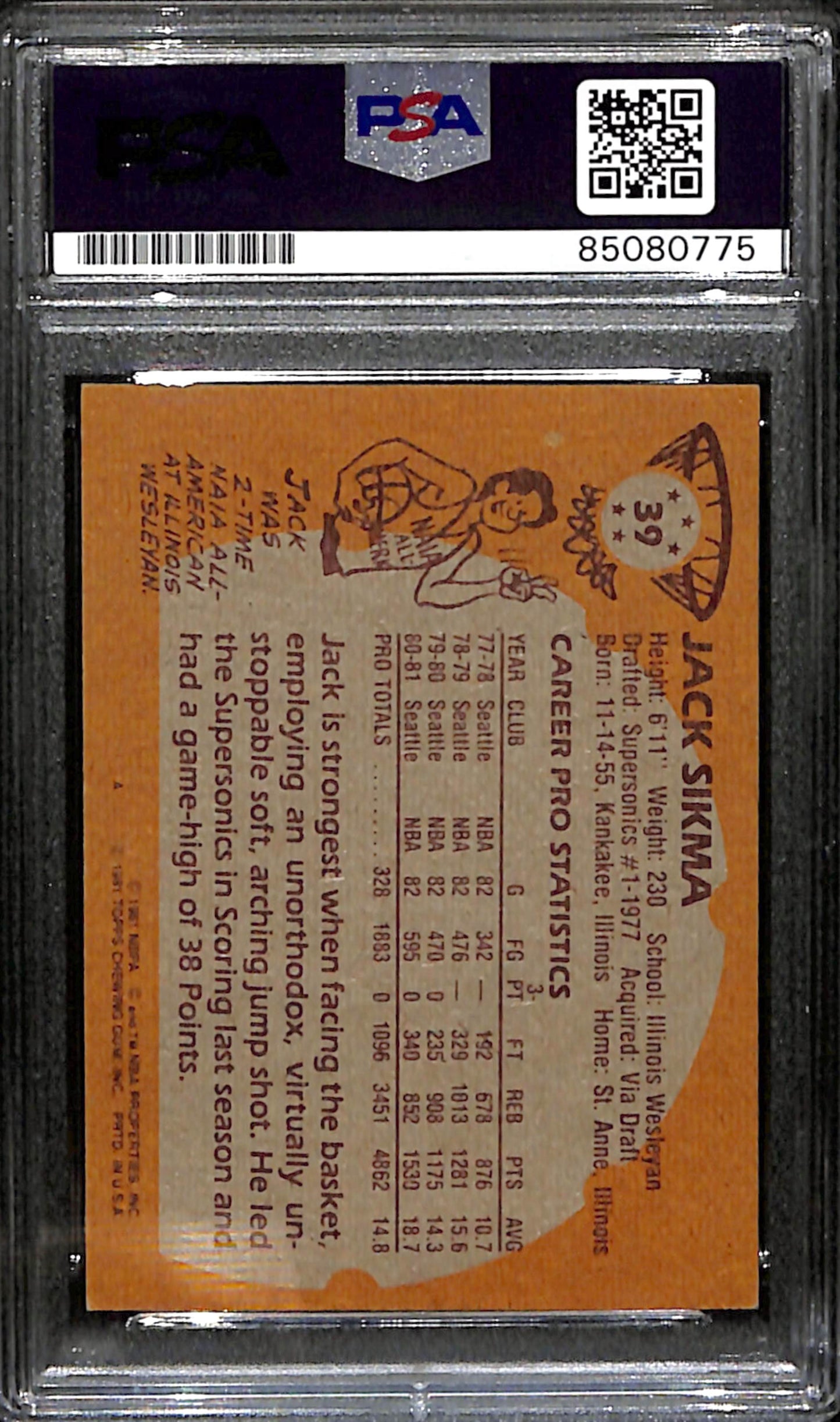 Jack Sikma Signed 1981 Topps Card #39 Seattle Sonics PSA/DNA 183798