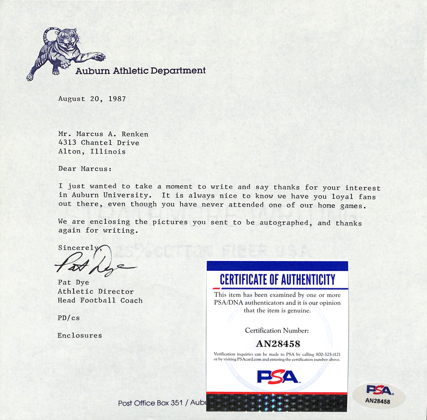Pat Dye Signed/Auto TLS Letter Auburn Head Football Coach PSA/DNA 185222