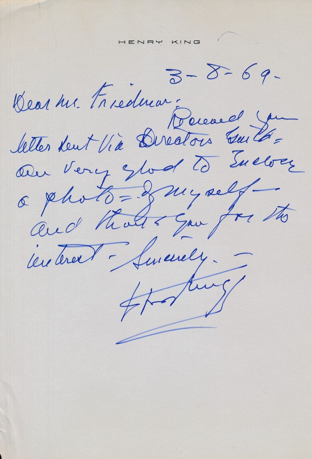Henry King Autographed Hand Written Letter Signed Actor Director PSA/DNA 178043