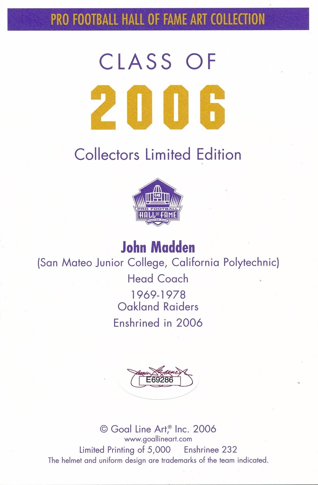 John Madden HOF Raiders Signed/Inscribed Goal Line Art GLAC Postcard JSA 165641