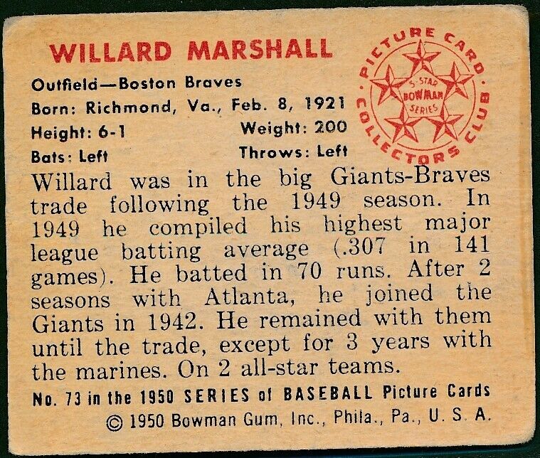 Willard Marshall Boston Braves Signed 1950 Bowman Baseball Card #73 162306